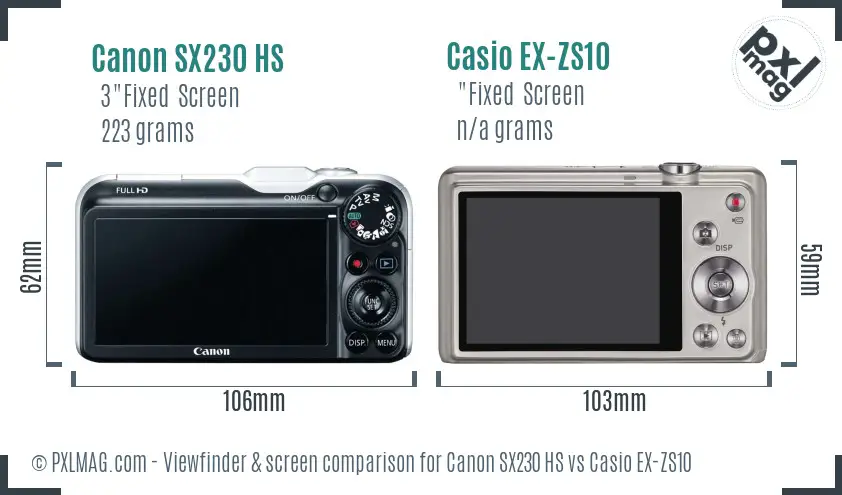 Canon SX230 HS vs Casio EX-ZS10 Screen and Viewfinder comparison