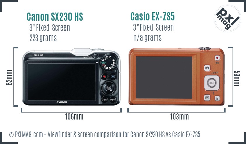 Canon SX230 HS vs Casio EX-ZS5 Screen and Viewfinder comparison