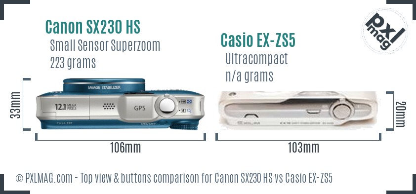 Canon SX230 HS vs Casio EX-ZS5 top view buttons comparison