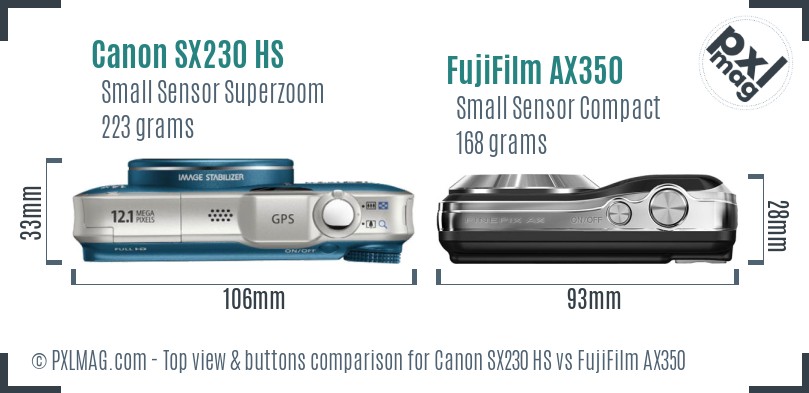 Canon SX230 HS vs FujiFilm AX350 top view buttons comparison