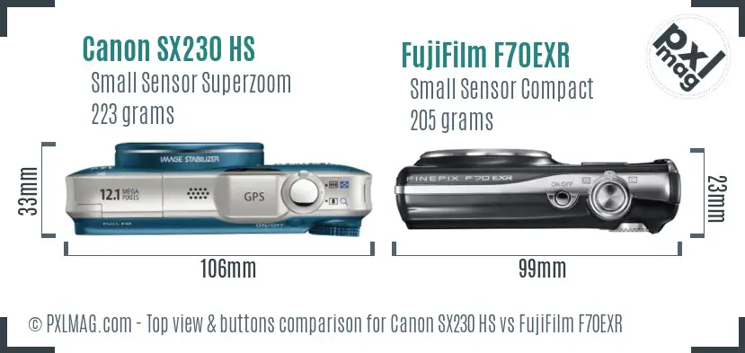 Canon SX230 HS vs FujiFilm F70EXR top view buttons comparison