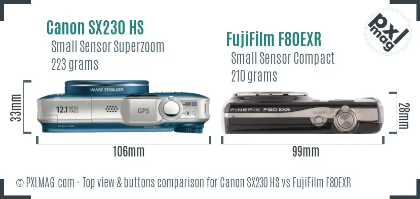 Canon SX230 HS vs FujiFilm F80EXR top view buttons comparison