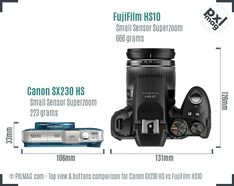 Canon SX230 HS vs FujiFilm HS10 top view buttons comparison