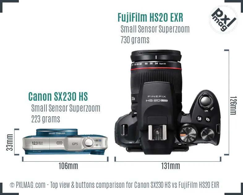 Canon SX230 HS vs FujiFilm HS20 EXR top view buttons comparison