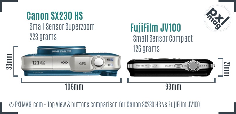 Canon SX230 HS vs FujiFilm JV100 top view buttons comparison