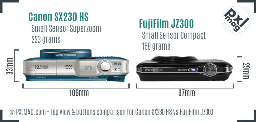 Canon SX230 HS vs FujiFilm JZ300 top view buttons comparison