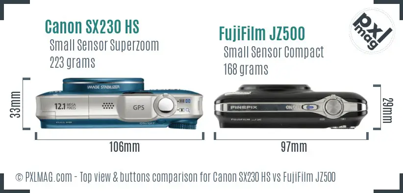 Canon SX230 HS vs FujiFilm JZ500 top view buttons comparison Canon SX230 HS vs FujiFilm JZ500 top view buttons comparison