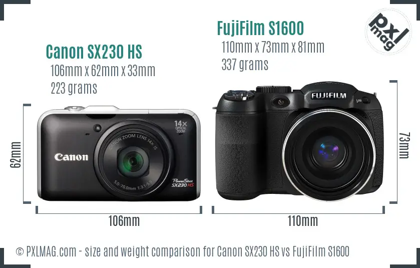 Canon SX230 HS vs FujiFilm S1600 size comparison