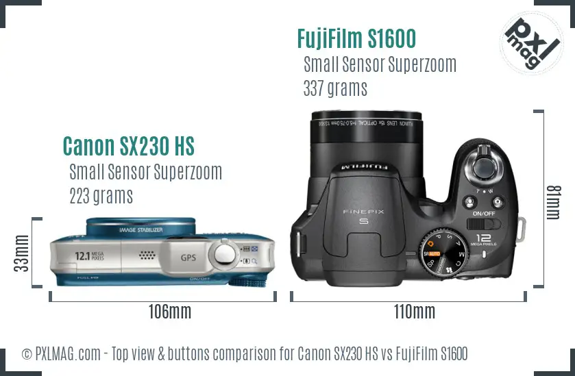 Canon SX230 HS vs FujiFilm S1600 top view buttons comparison