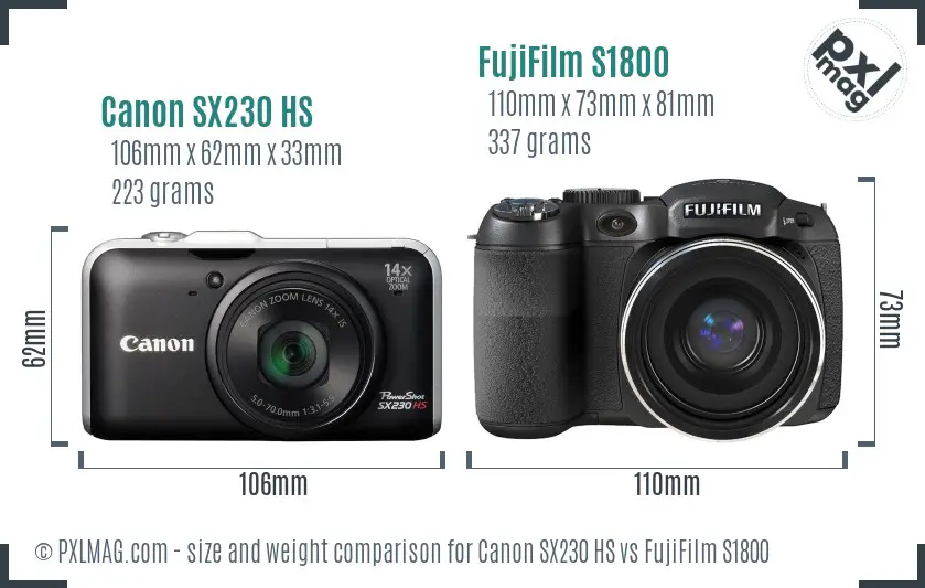 Canon SX230 HS vs FujiFilm S1800 size comparison