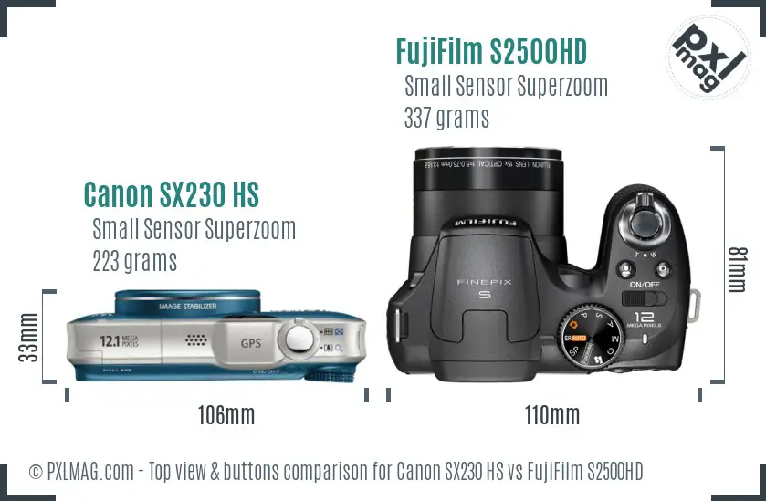 Canon SX230 HS vs FujiFilm S2500HD top view buttons comparison Canon SX230 HS vs FujiFilm S2500HD top view buttons comparison