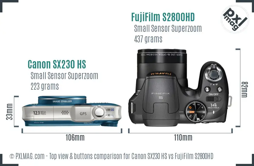 Canon SX230 HS vs FujiFilm S2800HD top view buttons comparison