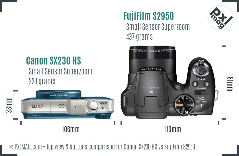 Canon SX230 HS vs FujiFilm S2950 top view buttons comparison