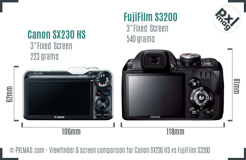 Canon SX230 HS vs FujiFilm S3200 Screen and Viewfinder comparison