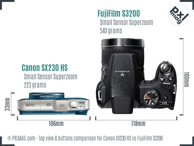 Canon SX230 HS vs FujiFilm S3200 top view buttons comparison