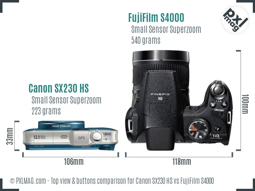 Canon SX230 HS vs FujiFilm S4000 top view buttons comparison