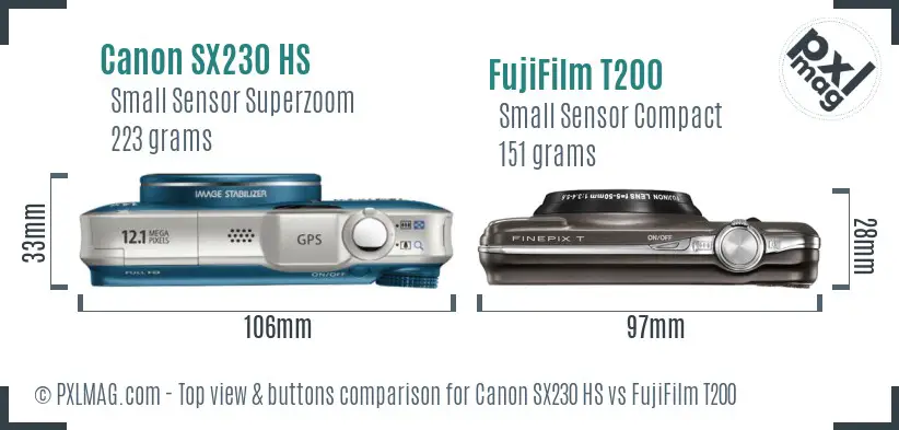 Canon SX230 HS vs FujiFilm T200 top view buttons comparison