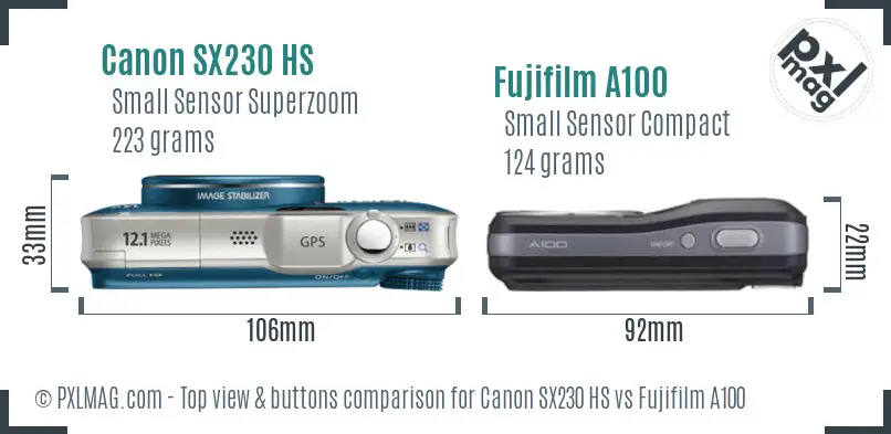 Canon SX230 HS vs Fujifilm A100 top view buttons comparison Canon SX230 HS vs Fujifilm A100 top view buttons comparison