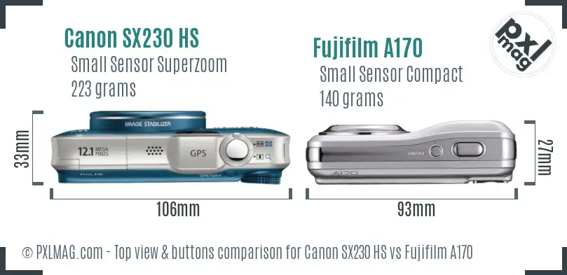 Canon SX230 HS vs Fujifilm A170 top view buttons comparison