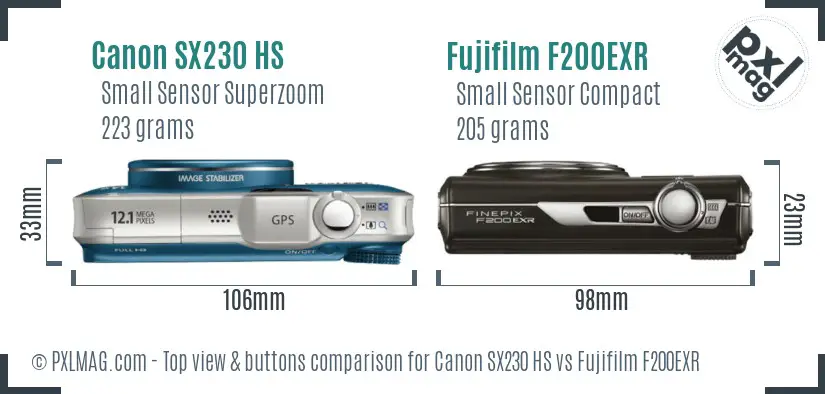 Canon SX230 HS vs Fujifilm F200EXR top view buttons comparison