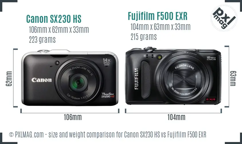 Canon SX230 HS vs Fujifilm F500 EXR size comparison