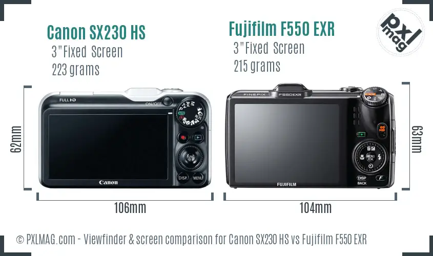 Canon SX230 HS vs Fujifilm F550 EXR Screen and Viewfinder comparison