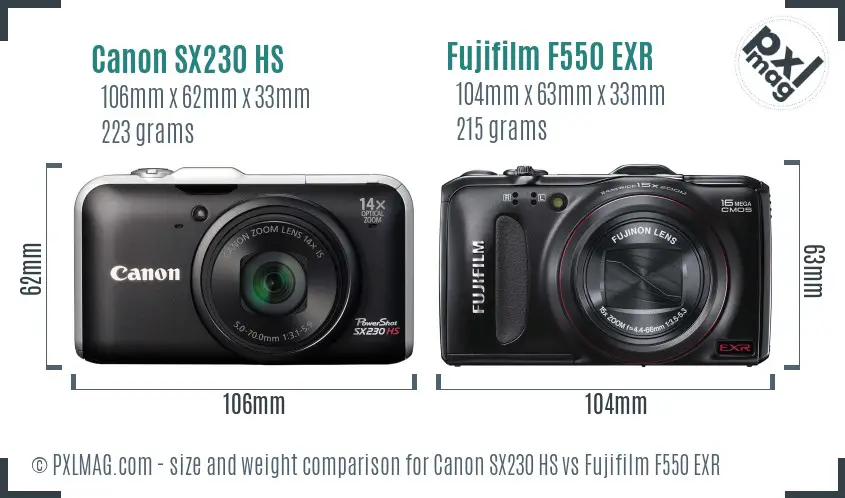 Canon SX230 HS vs Fujifilm F550 EXR size comparison