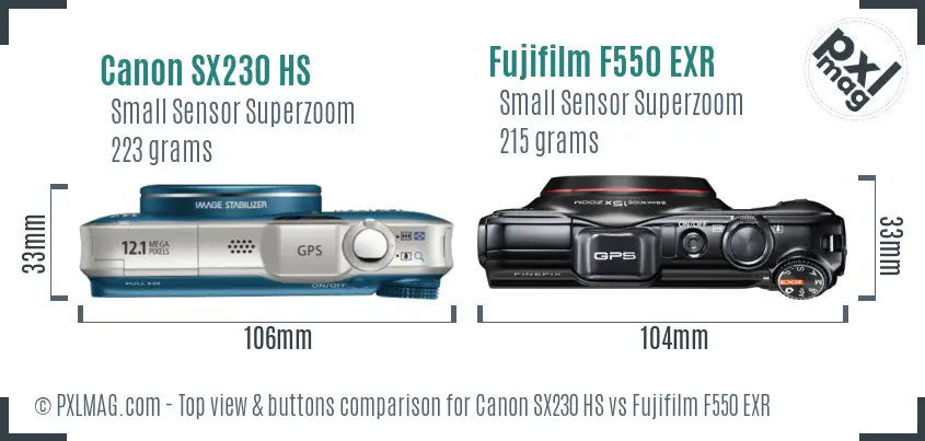 Canon SX230 HS vs Fujifilm F550 EXR top view buttons comparison