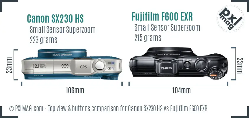 Canon SX230 HS vs Fujifilm F600 EXR top view buttons comparison