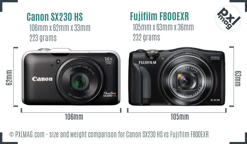 Canon SX230 HS vs Fujifilm F800EXR size comparison