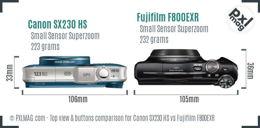Canon SX230 HS vs Fujifilm F800EXR top view buttons comparison