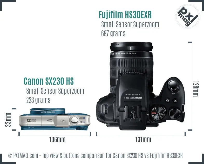 Canon SX230 HS vs Fujifilm HS30EXR top view buttons comparison