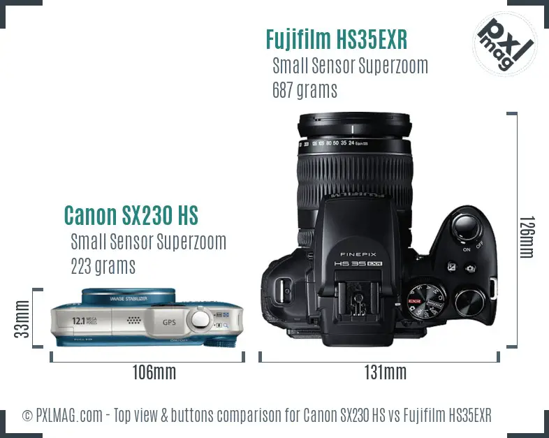 Canon SX230 HS vs Fujifilm HS35EXR top view buttons comparison