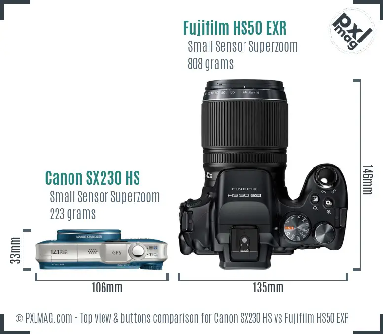 Canon SX230 HS vs Fujifilm HS50 EXR top view buttons comparison Canon SX230 HS vs Fujifilm HS50 EXR top view buttons comparison