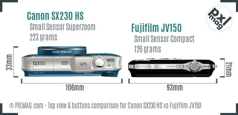 Canon SX230 HS vs Fujifilm JV150 top view buttons comparison Canon SX230 HS vs Fujifilm JV150 top view buttons comparison