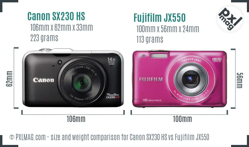 Canon SX230 HS vs Fujifilm JX550 size comparison