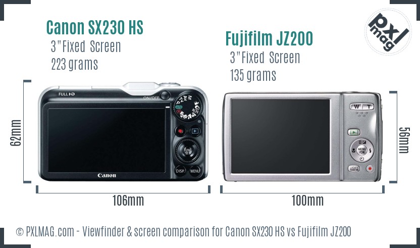 Canon SX230 HS vs Fujifilm JZ200 Screen and Viewfinder comparison