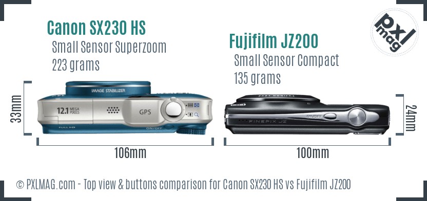 Canon SX230 HS vs Fujifilm JZ200 top view buttons comparison