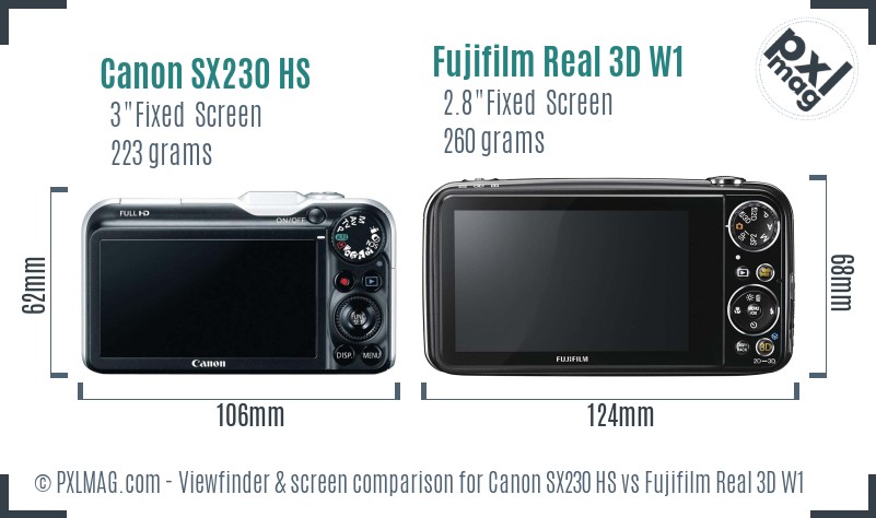 Canon SX230 HS vs Fujifilm Real 3D W1 Screen and Viewfinder comparison