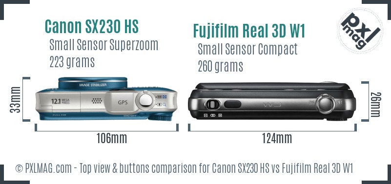 Canon SX230 HS vs Fujifilm Real 3D W1 top view buttons comparison