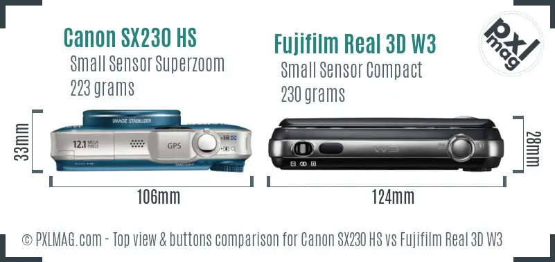 Canon SX230 HS vs Fujifilm Real 3D W3 top view buttons comparison Canon SX230 HS vs Fujifilm Real 3D W3 top view buttons comparison