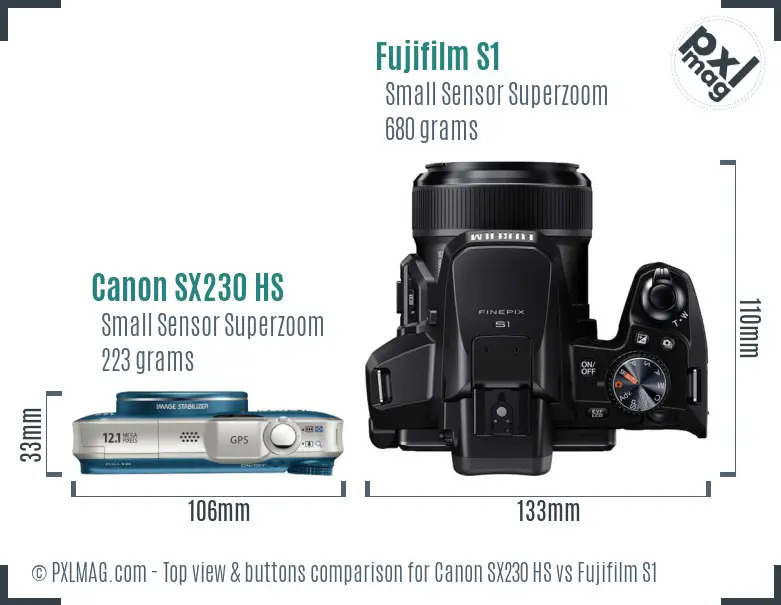 Canon SX230 HS vs Fujifilm S1 top view buttons comparison