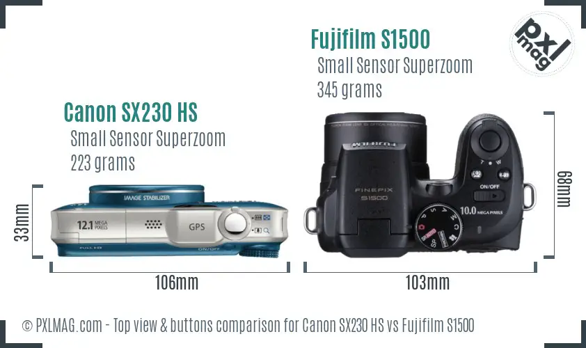 Canon SX230 HS vs Fujifilm S1500 top view buttons comparison Canon SX230 HS vs Fujifilm S1500 top view buttons comparison