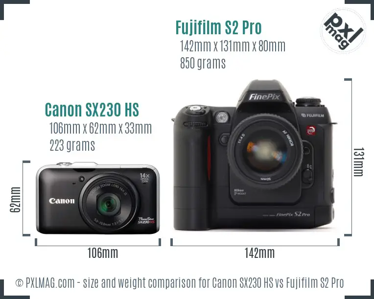 Canon SX230 HS vs Fujifilm S2 Pro size comparison