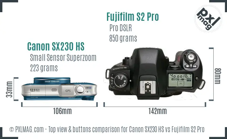 Canon SX230 HS vs Fujifilm S2 Pro top view buttons comparison