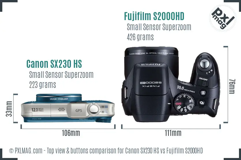 Canon SX230 HS vs Fujifilm S2000HD top view buttons comparison