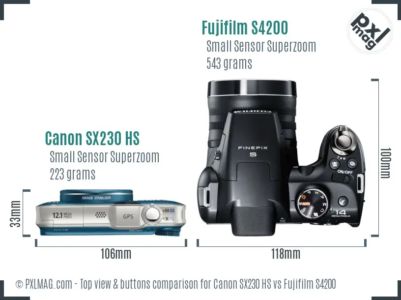 Canon SX230 HS vs Fujifilm S4200 top view buttons comparison Canon SX230 HS vs Fujifilm S4200 top view buttons comparison