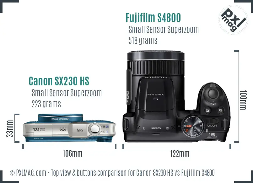 Canon SX230 HS vs Fujifilm S4800 top view buttons comparison