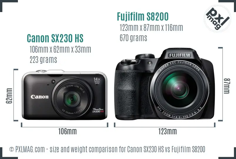 Canon SX230 HS vs Fujifilm S8200 size comparison