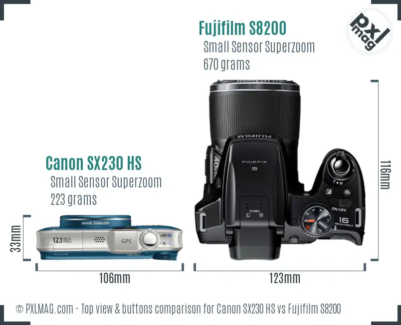 Canon SX230 HS vs Fujifilm S8200 top view buttons comparison